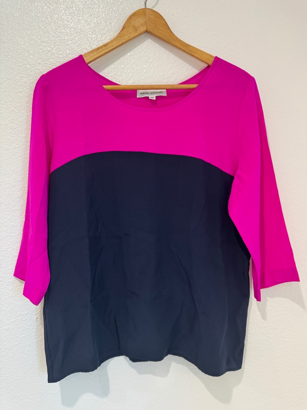 Amanda Uprichard 100% Silk Colorblock Hot Pink Navy Blue 3/4 Sleeve Blouse M